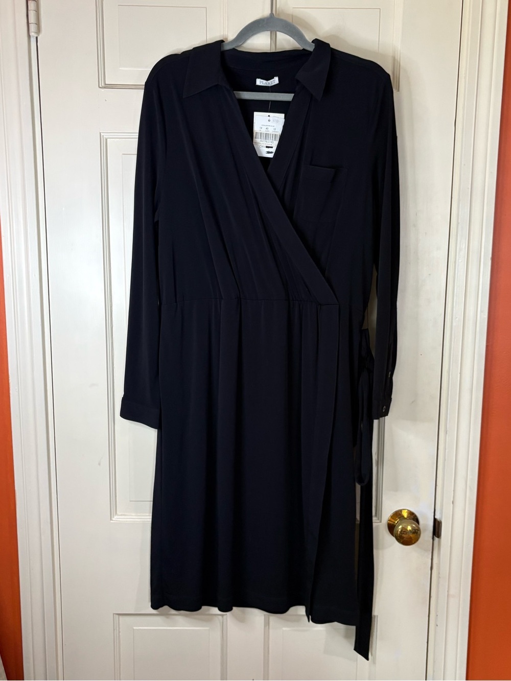 Planet Dress  10 US 14 UK Black Wrap Midi Long Sleeve Belted Office Chic New